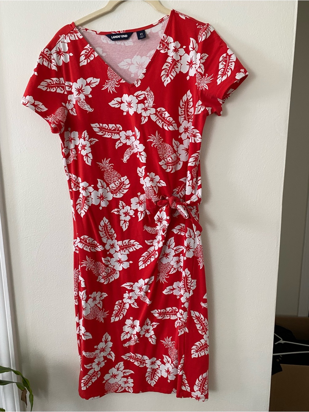 Lands' End Red Floral Wrap-Style V-Neck Dress